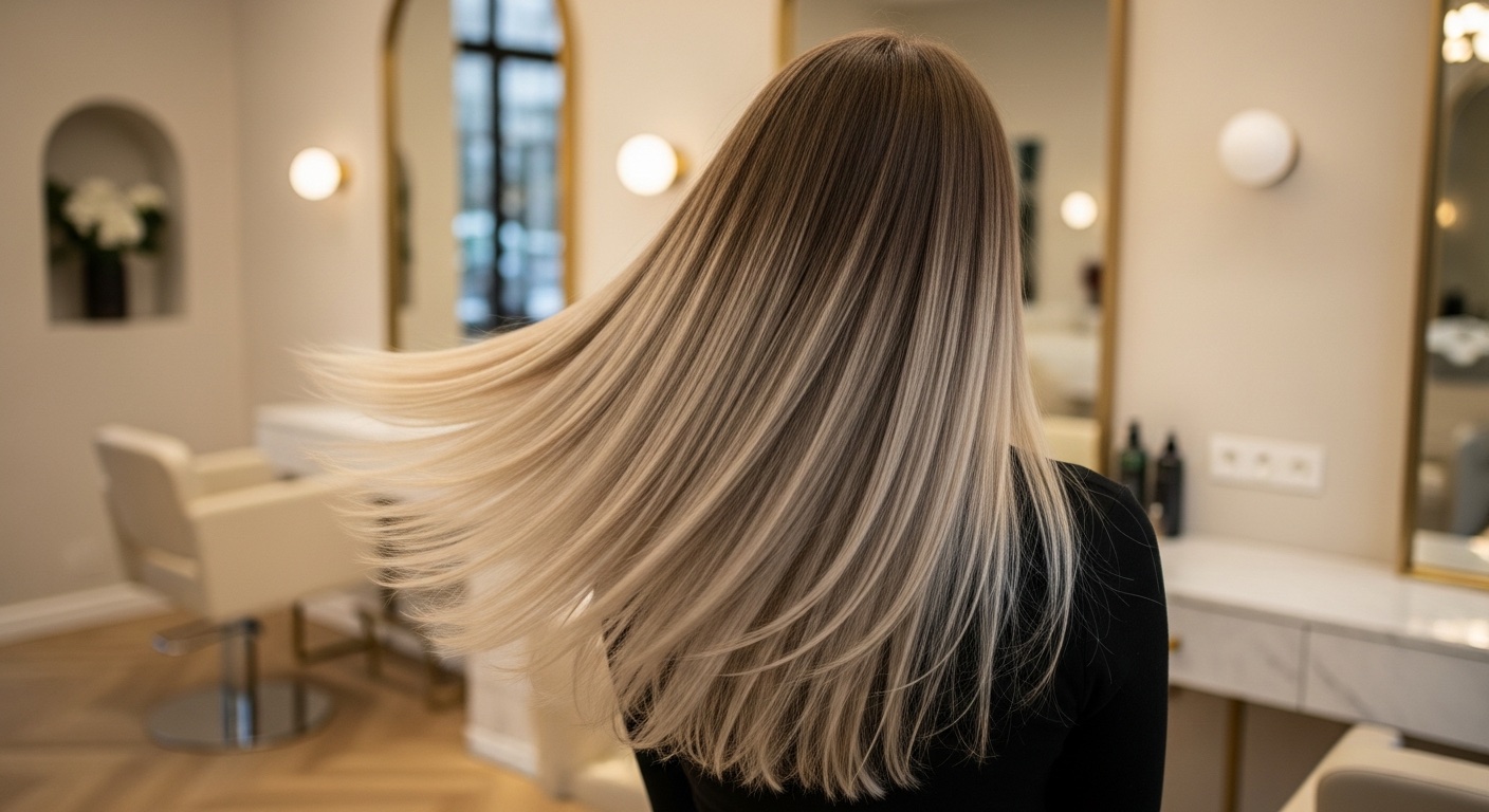 Długie zdrowe włosy z balayage w jasnym salonie premium