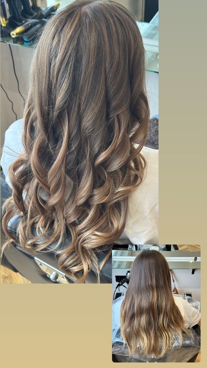 Realizacja: balayage na długich falowanych włosach, brąz z miodowym akcentem