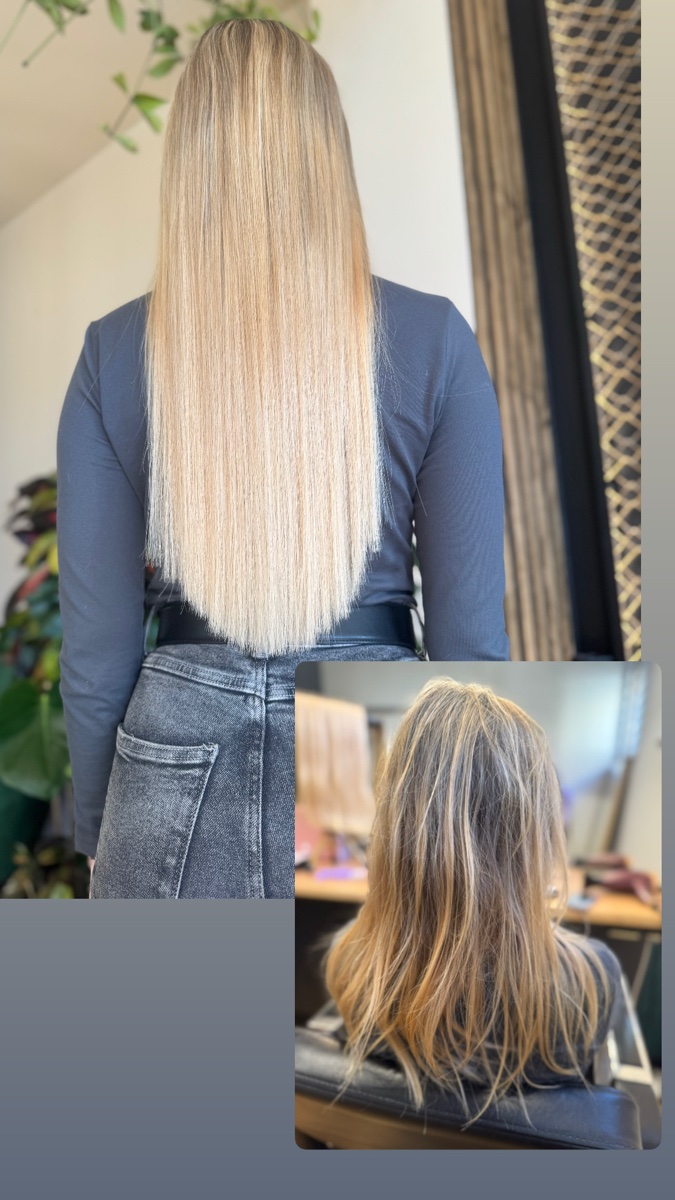 Realizacja: przedłużanie keratynowe, długie proste blond włosy